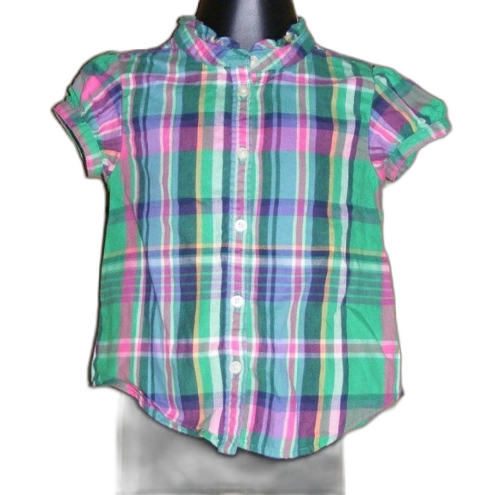 RALPH LAUREN Shirt, 18M, Green/Pink/Blue plaid, Button front, Short sleeves